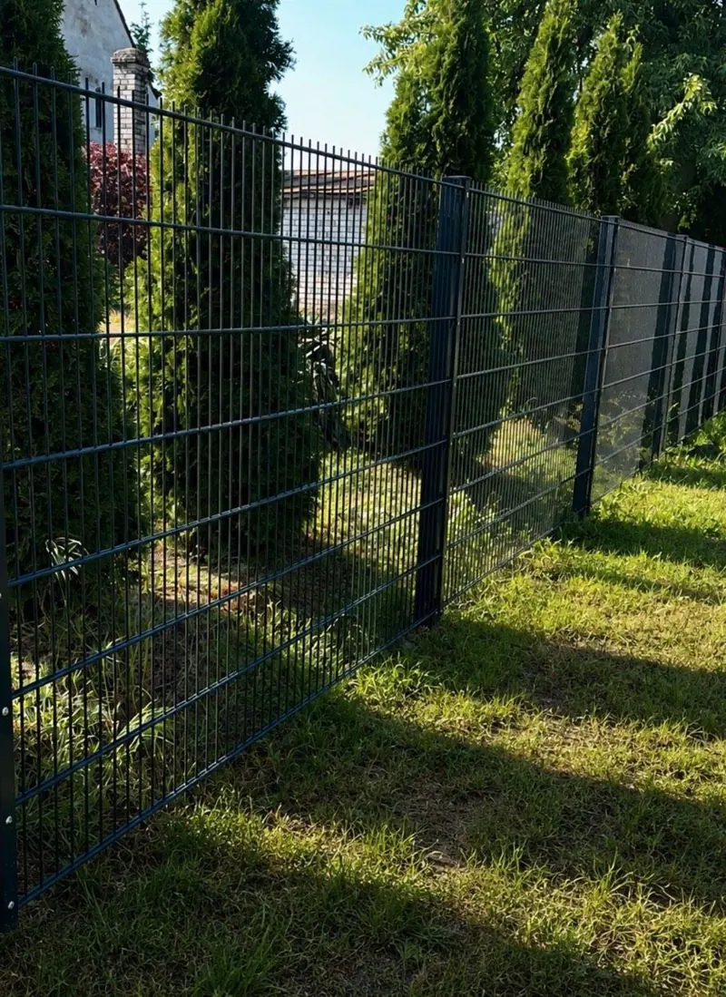 Doppelstabmattenzaun in Anthrazit entlang einer Thuja-Reihe im Abendlicht